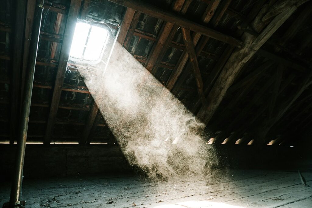 Attic insulation surrounds roof rafters while daylight enters through a properly ventilated eave.